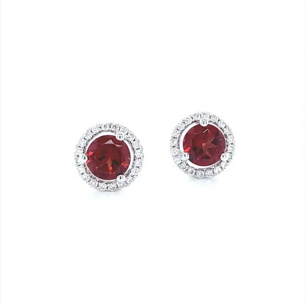 14K White Gold Garnet and Diamond Halo Earrings Jaymark Jewelers Cold Spring, NY