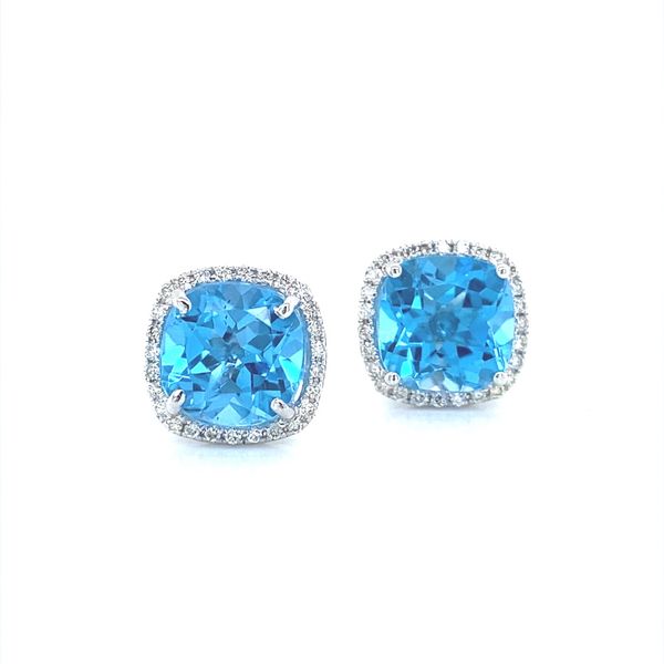 14K White Gold Blue Topaz and Diamond Halo Earrings Jaymark Jewelers Cold Spring, NY