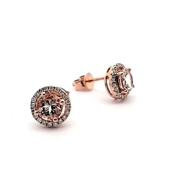 14K Rose Gold Morganite and Diamond Halo Stud Earrings Jaymark Jewelers Cold Spring, NY