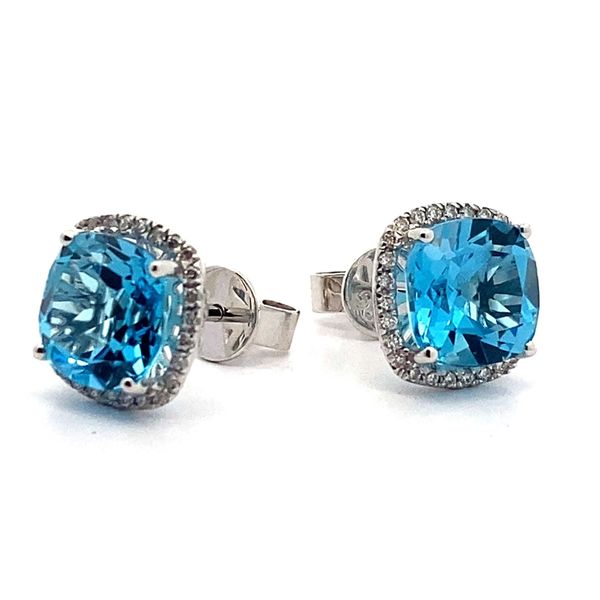 14K White Gold Blue Topaz and Diamond Halo Earrings Image 2 Jaymark Jewelers Cold Spring, NY