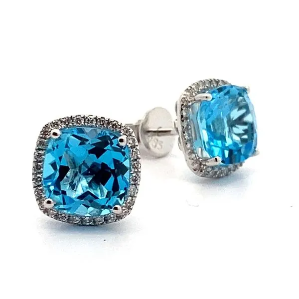 14K White Gold Blue Topaz and Diamond Halo Earrings Jaymark Jewelers Cold Spring, NY