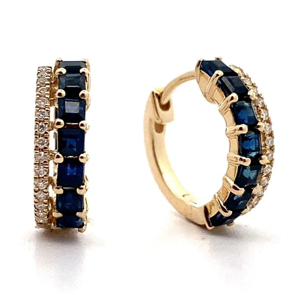 14K Yellow Gold Sapphire and Diamond Huggie Hoop Earrings Image 2 Jaymark Jewelers Cold Spring, NY