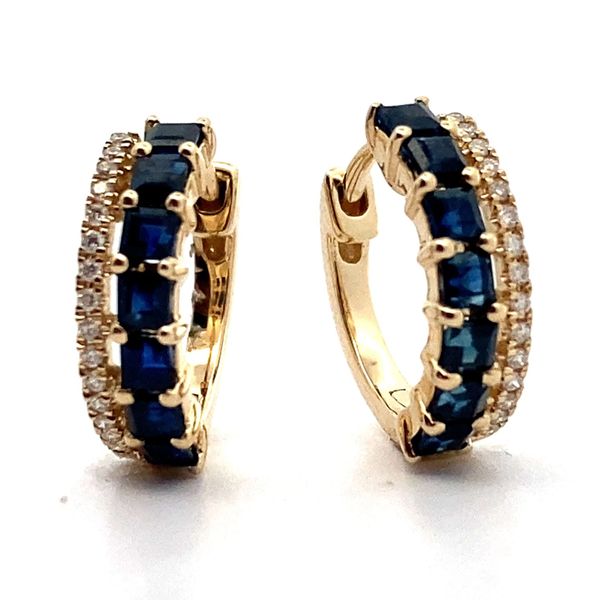 14K Yellow Gold Sapphire and Diamond Huggie Hoop Earrings Jaymark Jewelers Cold Spring, NY