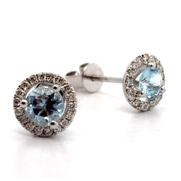 14K White Gold Aquamarine and Diamond Halo Stud Earrings Image 2 Jaymark Jewelers Cold Spring, NY