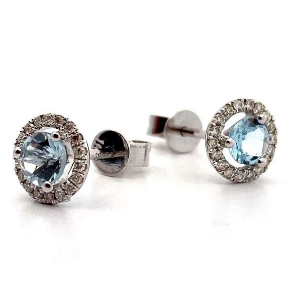 14K White Gold Aquamarine and Diamond Halo Stud Earrings Jaymark Jewelers Cold Spring, NY