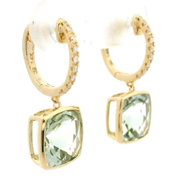 14K Yellow Gold Green Amethyst and Diamond Earrings Image 2 Jaymark Jewelers Cold Spring, NY