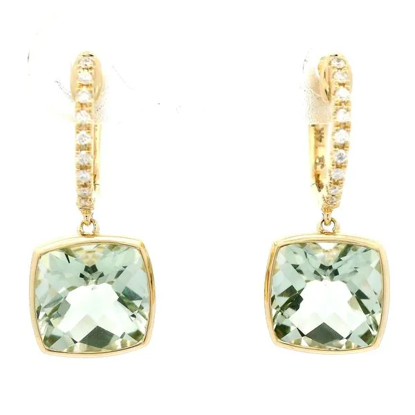 14K Yellow Gold Green Amethyst and Diamond Earrings Jaymark Jewelers Cold Spring, NY