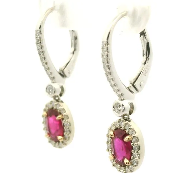 14K White Gold Ruby and Diamond Halo Earrings Image 3 Jaymark Jewelers Cold Spring, NY