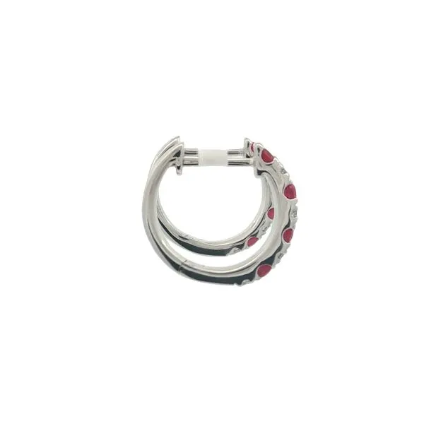 14K White Gold Ruby and Diamond Huggie Hoop Earrings Image 3 Jaymark Jewelers Cold Spring, NY