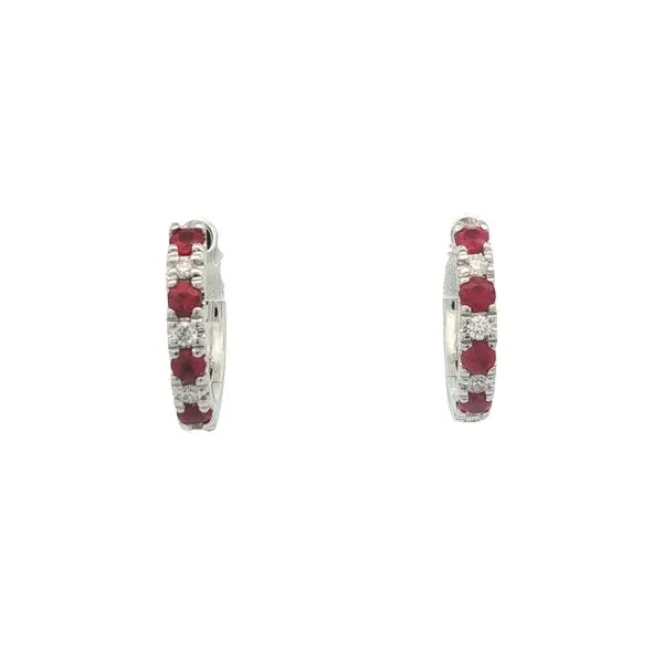 14K White Gold Ruby and Diamond Huggie Hoop Earrings Jaymark Jewelers Cold Spring, NY