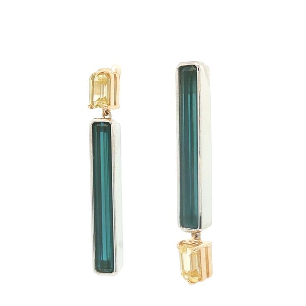 14K Two Tone Zircon and Tormaline Asymmetrical Earrings Image 3 Jaymark Jewelers Cold Spring, NY