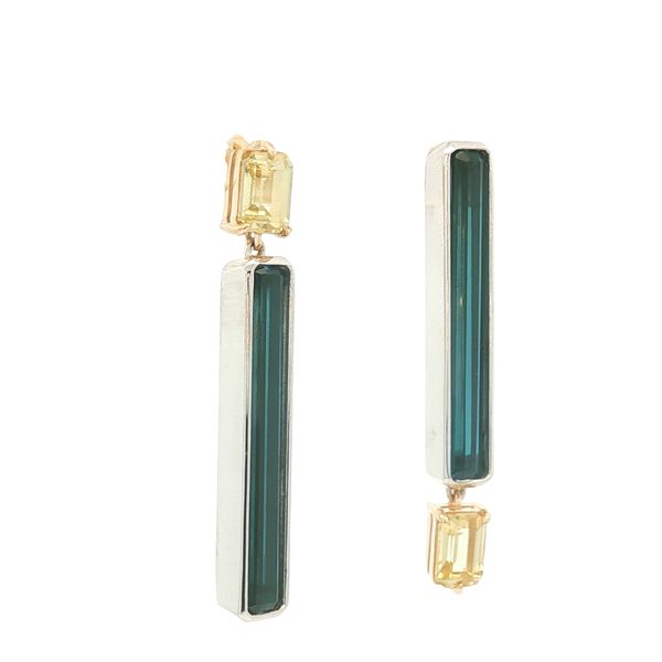14K Two Tone Zircon and Tormaline Asymmetrical Earrings Image 4 Jaymark Jewelers Cold Spring, NY