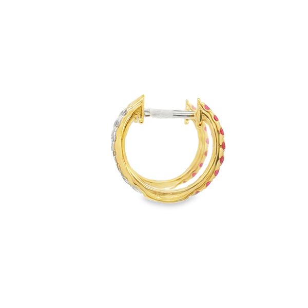 14K Yellow Gold Reversibile Ruby and Diamond Huggie Hoop Earring Image 4 Jaymark Jewelers Cold Spring, NY