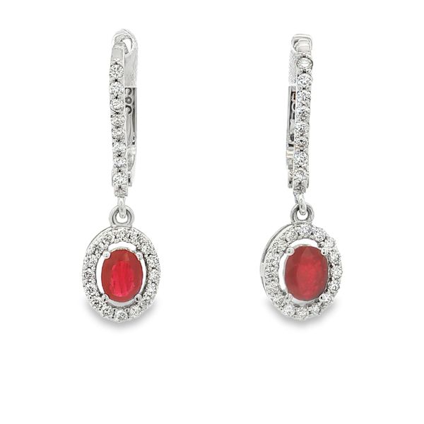 14K White Gold Ruby and Diamond Dangle Earrings Jaymark Jewelers Cold Spring, NY