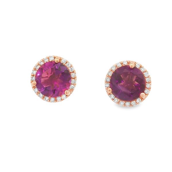 14K Rose Gold Amethyst and Diamond Halo Earrings Jaymark Jewelers Cold Spring, NY
