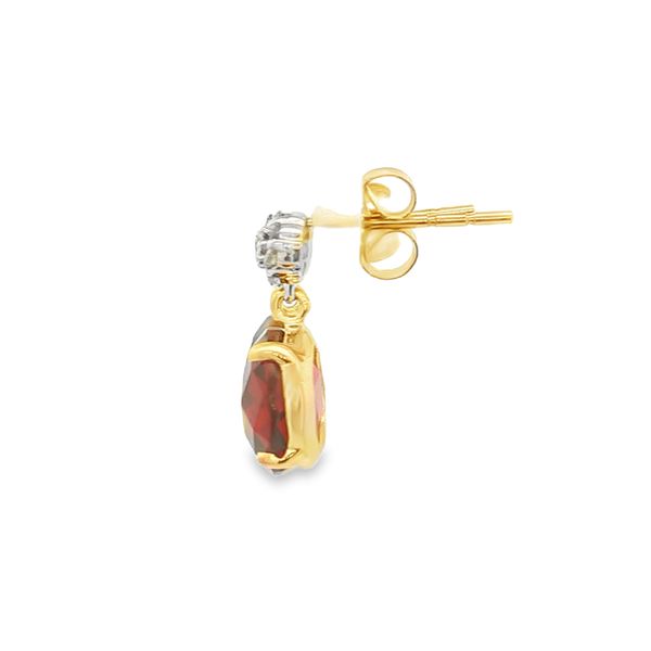 14K Yellow Gold Garnet and Diamond Dangle Earrings Image 3 Jaymark Jewelers Cold Spring, NY