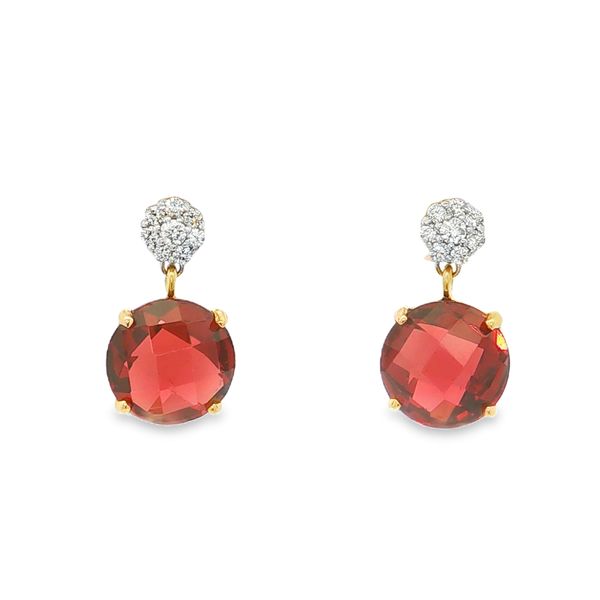 14K Yellow Gold Garnet and Diamond Dangle Earrings Jaymark Jewelers Cold Spring, NY