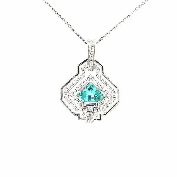 18K White Gold Blue Green Tourmaline and Diamond Pendant Jaymark Jewelers Cold Spring, NY