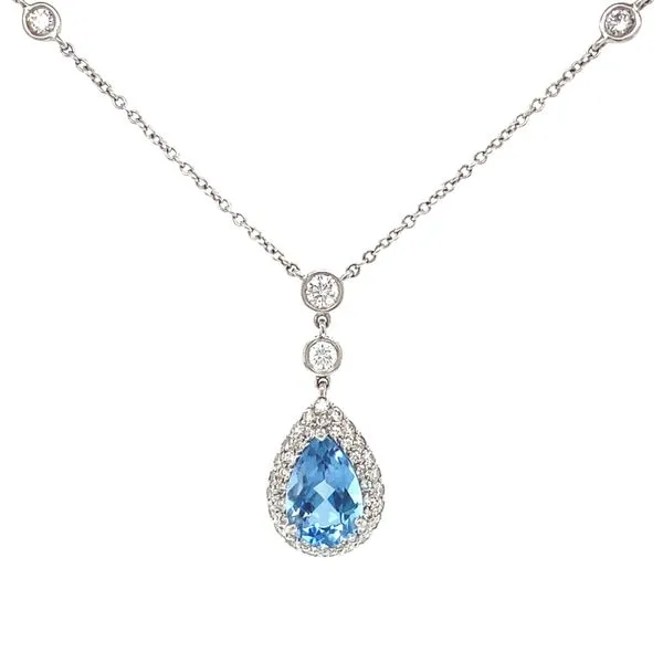 18K White Gold Aquamarine and Diamond Halo Necklace Jaymark Jewelers Cold Spring, NY