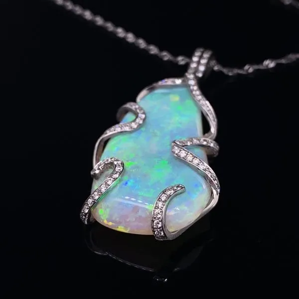 Platinum Opal and Diamond Pendant Image 3 Jaymark Jewelers Cold Spring, NY