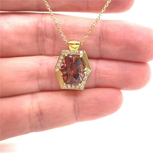 18K Yellow Gold Pink Tourmaline and Diamond Pendant Image 3 Jaymark Jewelers Cold Spring, NY