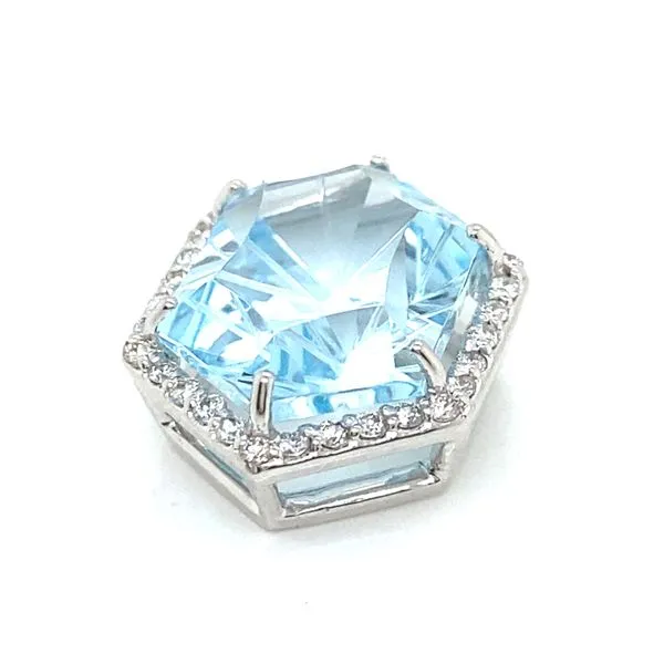 14K White Gold Hexagonal Blue Topaz and Diamond Halo Pendant Image 2 Jaymark Jewelers Cold Spring, NY