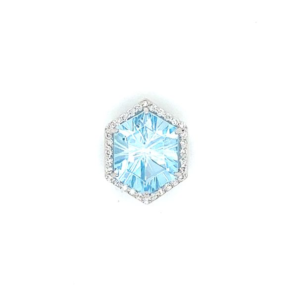 14K White Gold Hexagonal Blue Topaz and Diamond Halo Pendant Jaymark Jewelers Cold Spring, NY