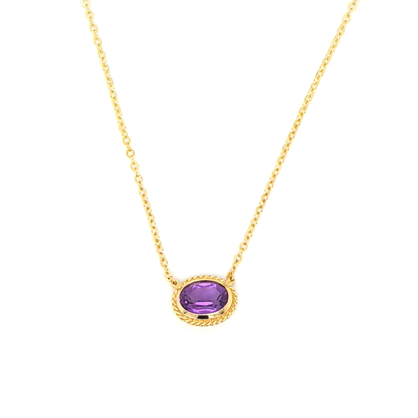 14K Yellow Gold Oval Bezel Amethyst and Diamond Necklace Jaymark Jewelers Cold Spring, NY