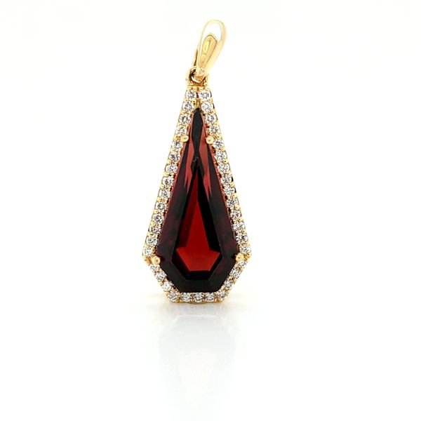 14K Yellow Gold Garnet and Diamond Halo Pendant Jaymark Jewelers Cold Spring, NY