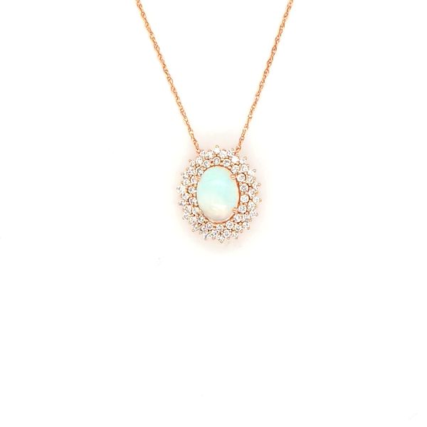14k Rose Gold opal and diamond pendant Jaymark Jewelers Cold Spring, NY