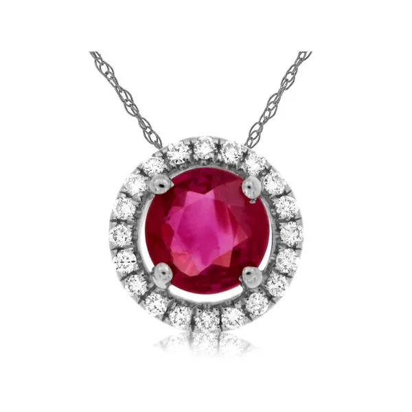 14K White Gold Ruby and Diamond Halo Pendant Jaymark Jewelers Cold Spring, NY