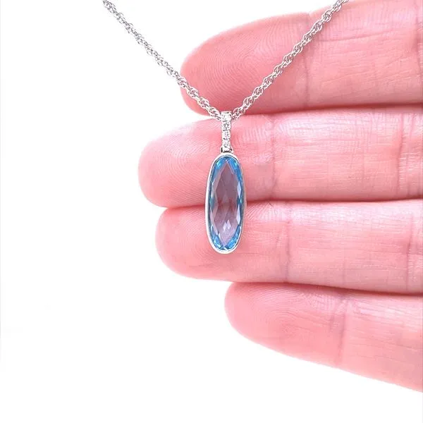 14K White Gold Oval Blue Topaz ad Diamond Pendant Image 2 Jaymark Jewelers Cold Spring, NY