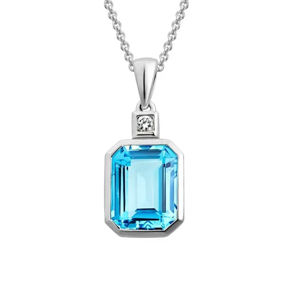 14K White Gold Blue Topaz and Diamond Pendant Jaymark Jewelers Cold Spring, NY