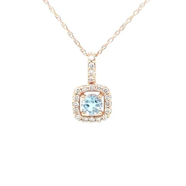 14K Rose Gold Aquamarine and Diamond Halo Pendant Jaymark Jewelers Cold Spring, NY