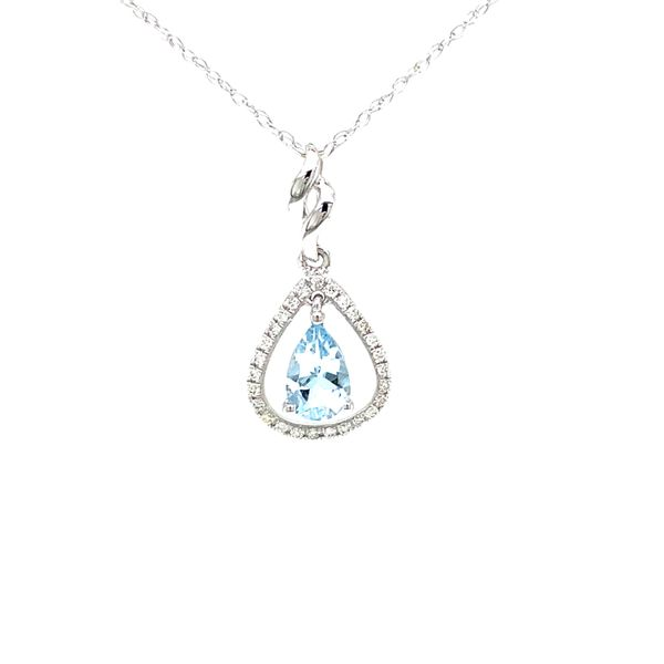 14K White Gold Aquamarine and Diamond Halo Pendant Jaymark Jewelers Cold Spring, NY