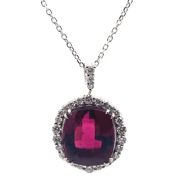 14K White Gold Rubellite and Diamond Halo Pendant Jaymark Jewelers Cold Spring, NY