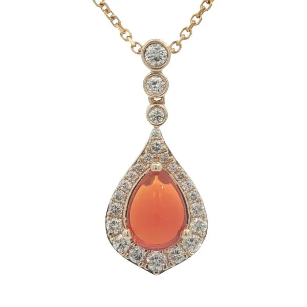 14K Yellow Gold Fire Opal and Diamond Pendant Jaymark Jewelers Cold Spring, NY