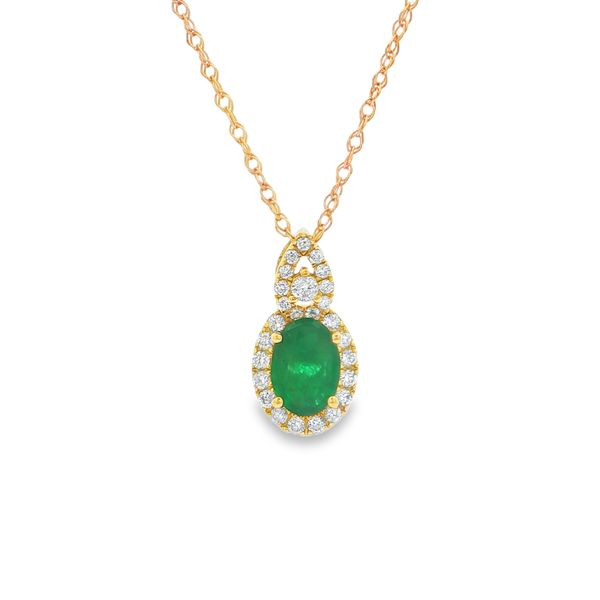 14K Yellow Gold Emerald and Diamond Halo Pendant Jaymark Jewelers Cold Spring, NY