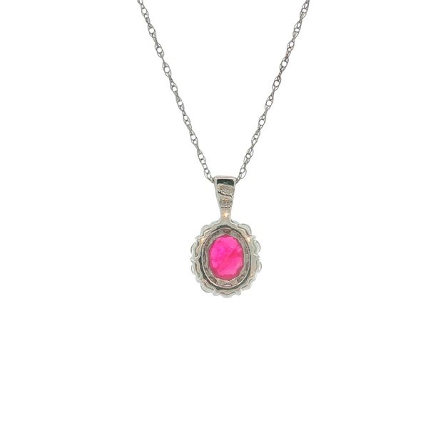 14K White Gold Ruby and Diamond Halo Pendant Image 4 Jaymark Jewelers Cold Spring, NY