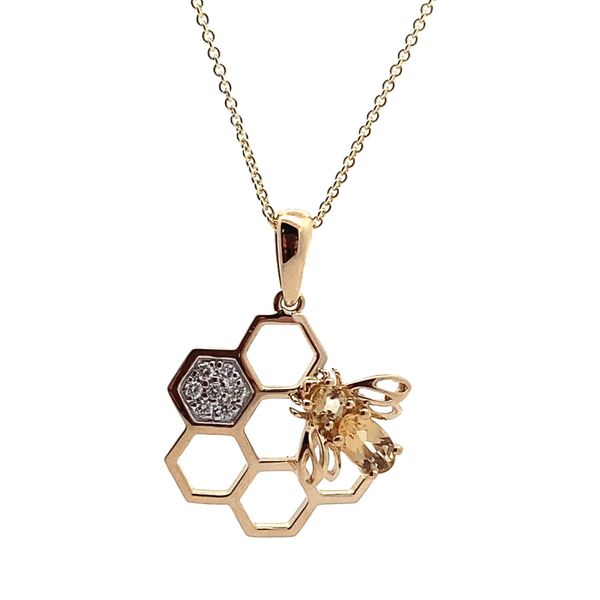 14K Yellow Gold Citrine Bee and Honeycomb Pendant Jaymark Jewelers Cold Spring, NY