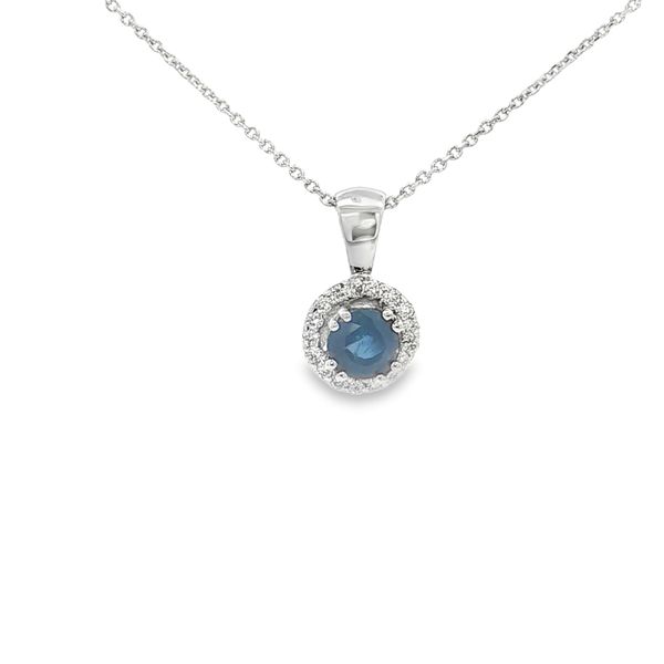 14K White Gold Sapphire and Diamond Halo Pendant Jaymark Jewelers Cold Spring, NY