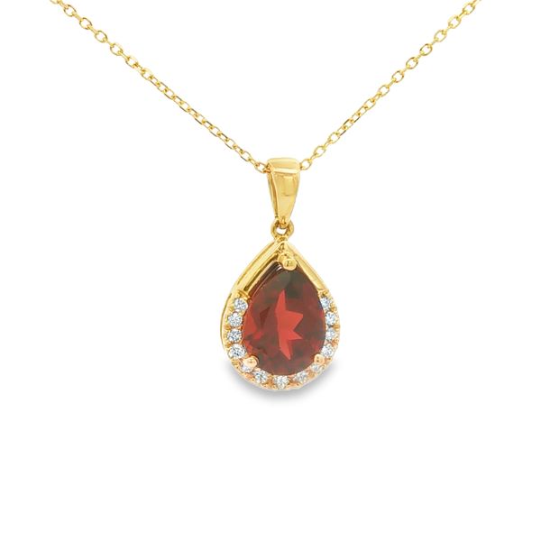 14K Yellow Gold Garnet and Diamond Halo Pendant Jaymark Jewelers Cold Spring, NY