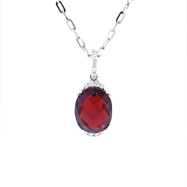 14K White Gold Oval Garnet and Diamond Necklace Jaymark Jewelers Cold Spring, NY