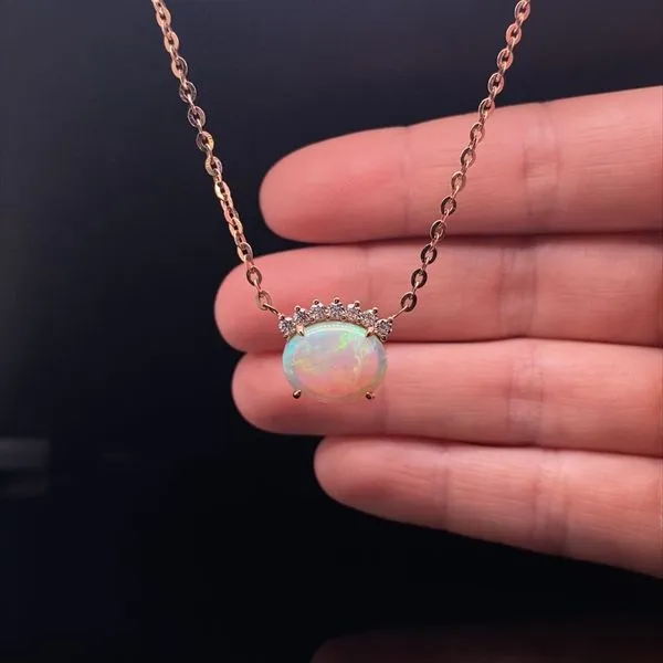 14K Rose Gold Opal and Diamond Half Halo Necklace Image 3 Jaymark Jewelers Cold Spring, NY