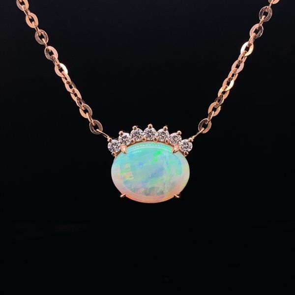 14K Rose Gold Opal and Diamond Half Halo Necklace Jaymark Jewelers Cold Spring, NY