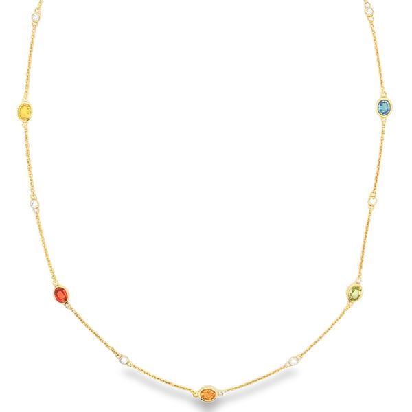 14K Yellow Gold Diamond and Multi Color Sapphire Station Necklace Jaymark Jewelers Cold Spring, NY