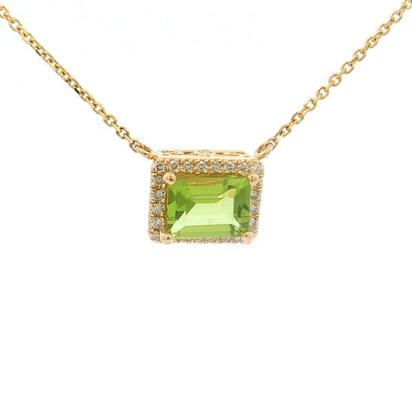 14K Yellow Peridot and Diamond Halo Necklace Jaymark Jewelers Cold Spring, NY
