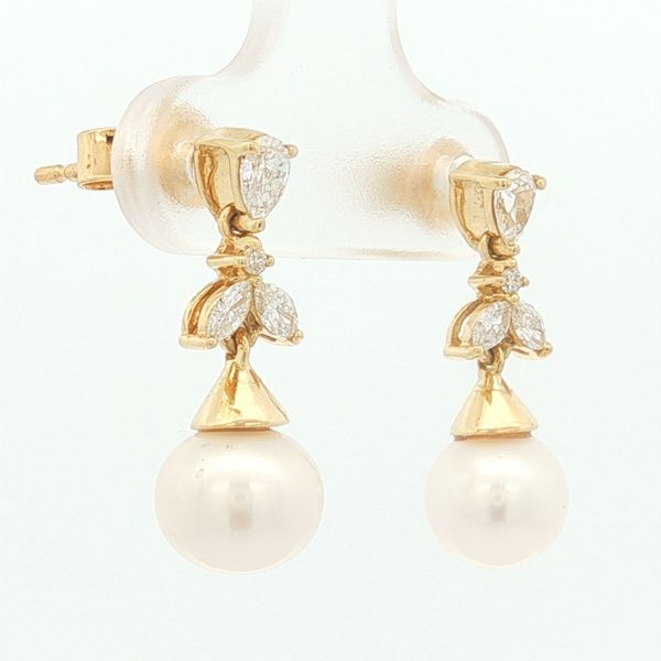14K Yellow Gold Pearl and Diamond Earrings Image 2 Jaymark Jewelers Cold Spring, NY