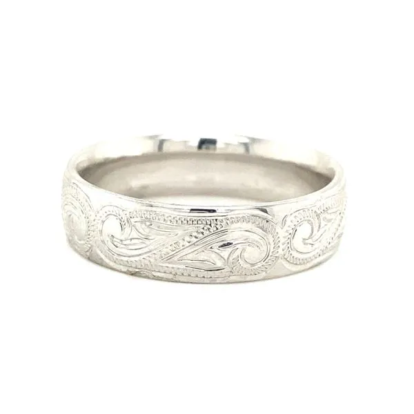 14K White Gold Hand Engraved Wedding Band Jaymark Jewelers Cold Spring, NY