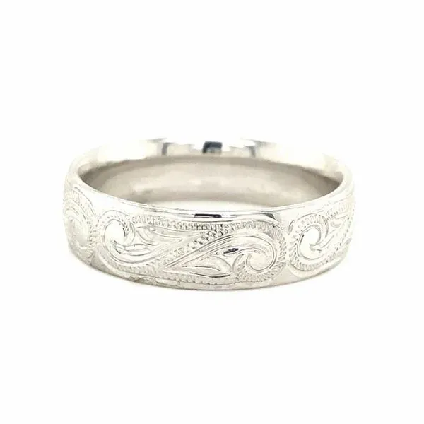 14K White Gold Hand Engraved Wedding Band Jaymark Jewelers Cold Spring, NY